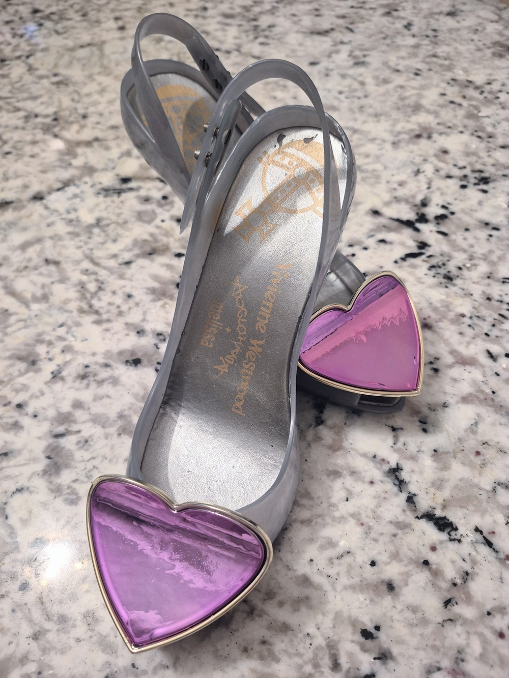 Vivienne Westwood Silver Slingback Jelly Heels with Pink Heart Toe
